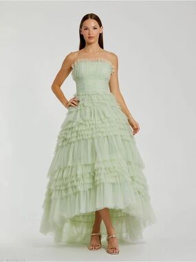 Sage Green Strapless Tulle Ruffle Gown